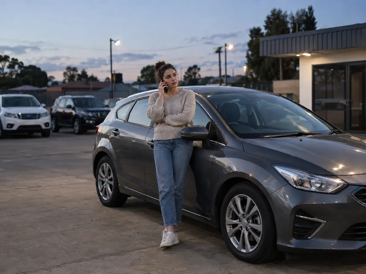 A woman at a car yard at dusk, phone to her ear, waiting