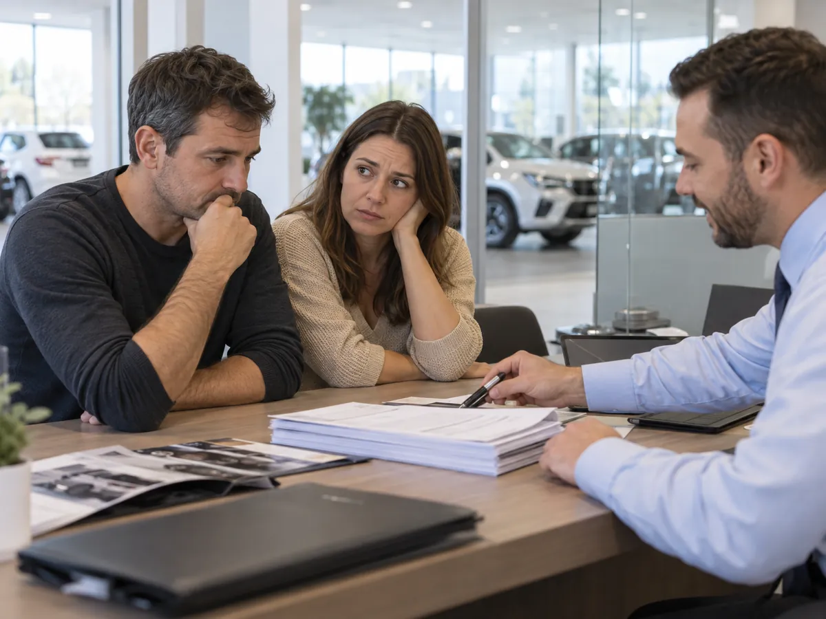 A couple in a dealership finance office, unsure, across the desk from a salesman