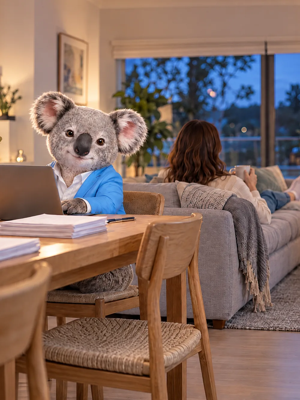 Fin the koala working on a laptop at the dining table while a woman relaxes on the couch with a cup of tea