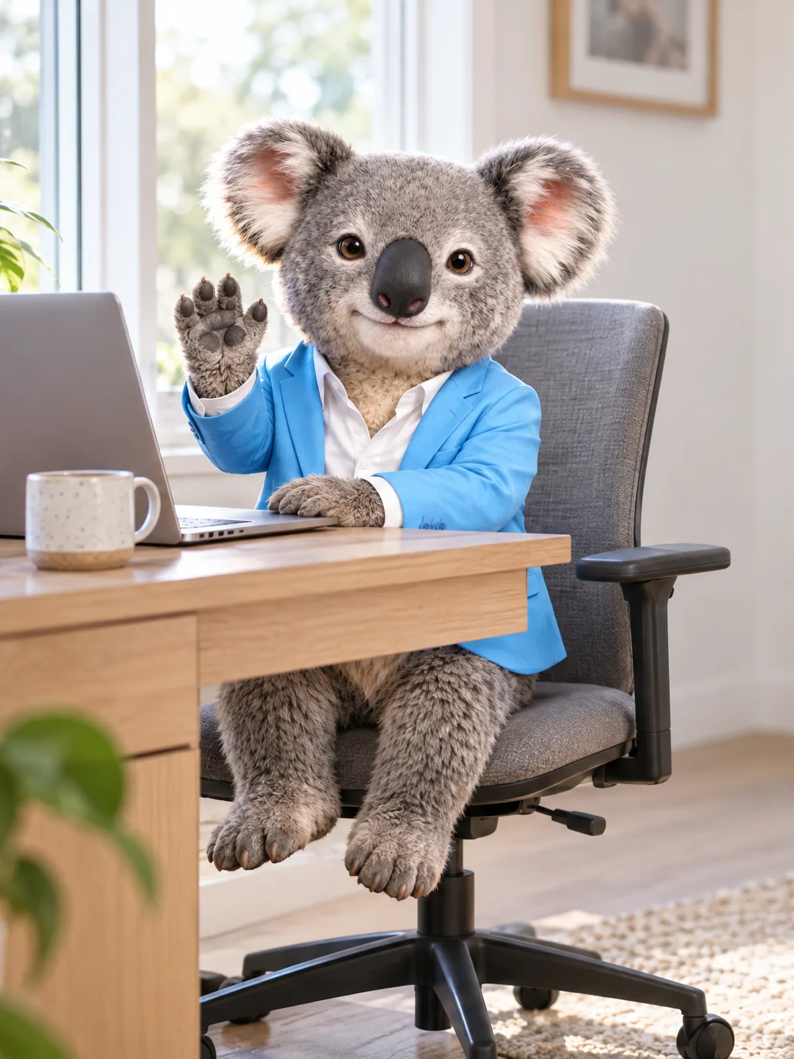 Fin the koala at his desk, waving hello