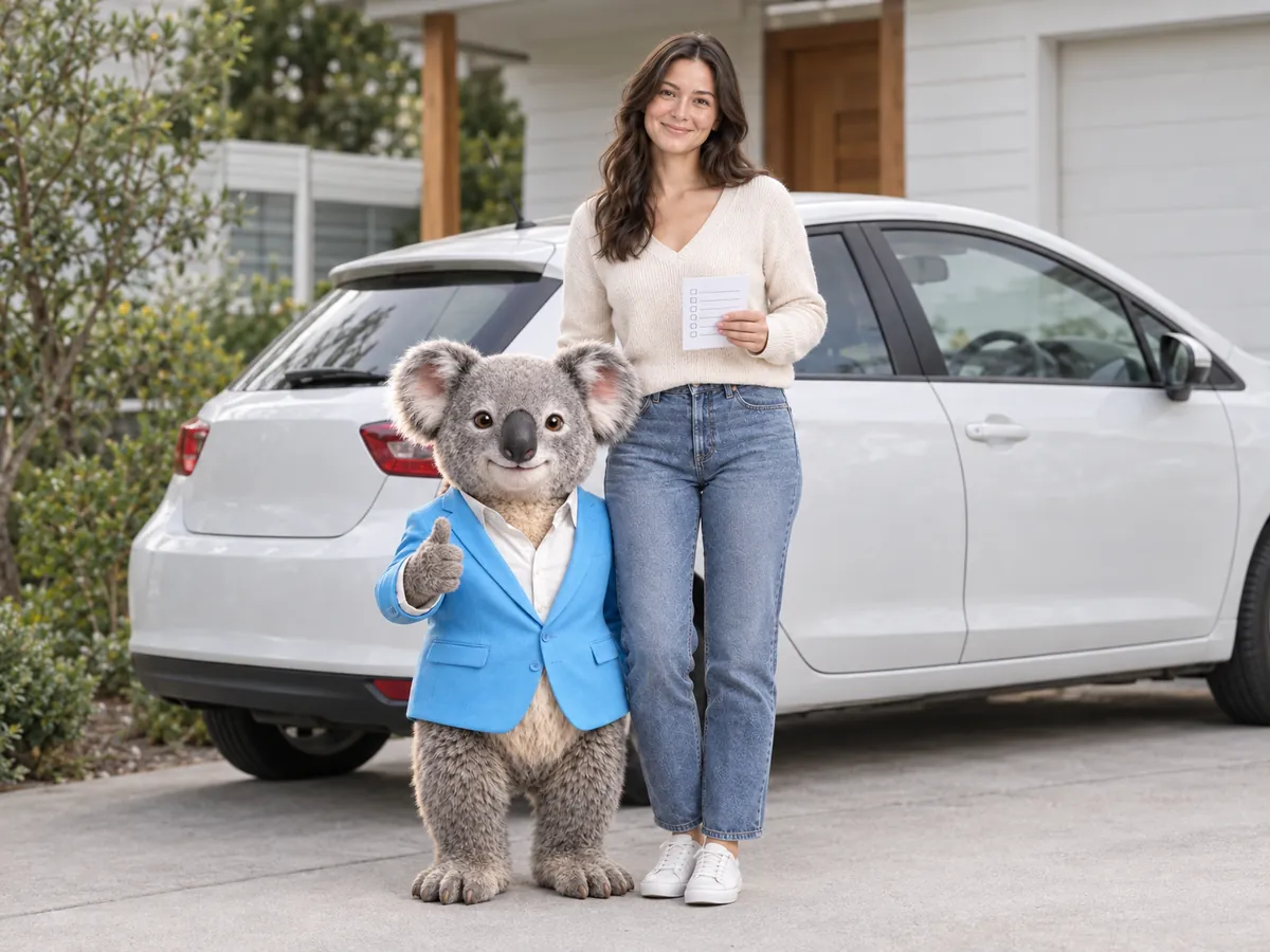 A woman holding a checklist beside her car, with Fin the koala giving a thumbs up