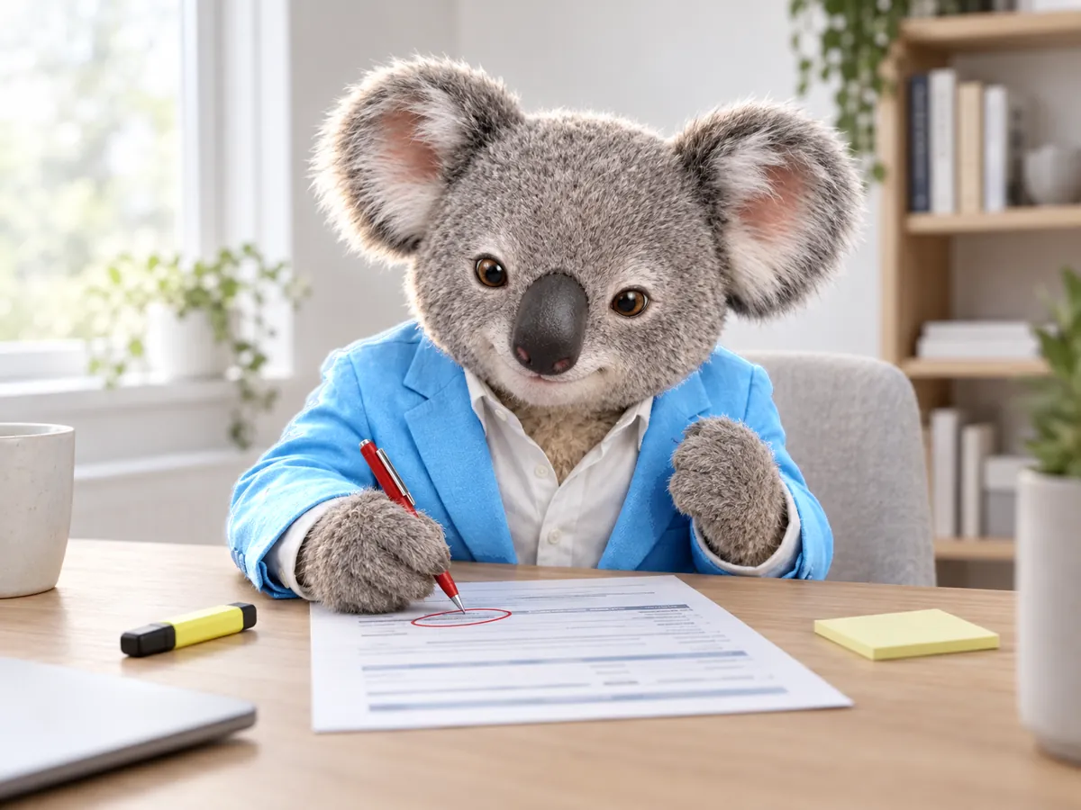 Fin the koala circling a mistake on a printed report in red pen