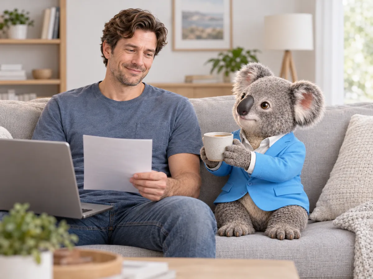 A man on the sofa reading a letter, with Fin the koala beside him holding a cup of tea