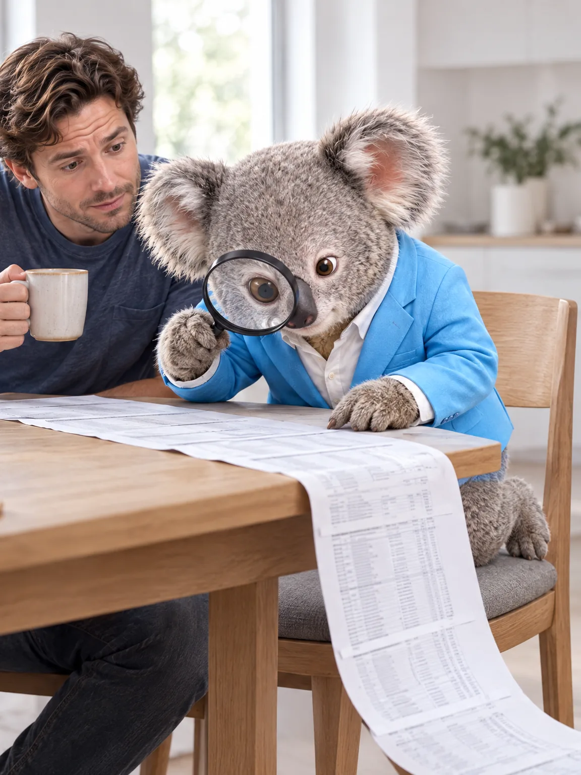 Fin the koala reading a long credit report through a magnifying glass, with a man drinking coffee beside him