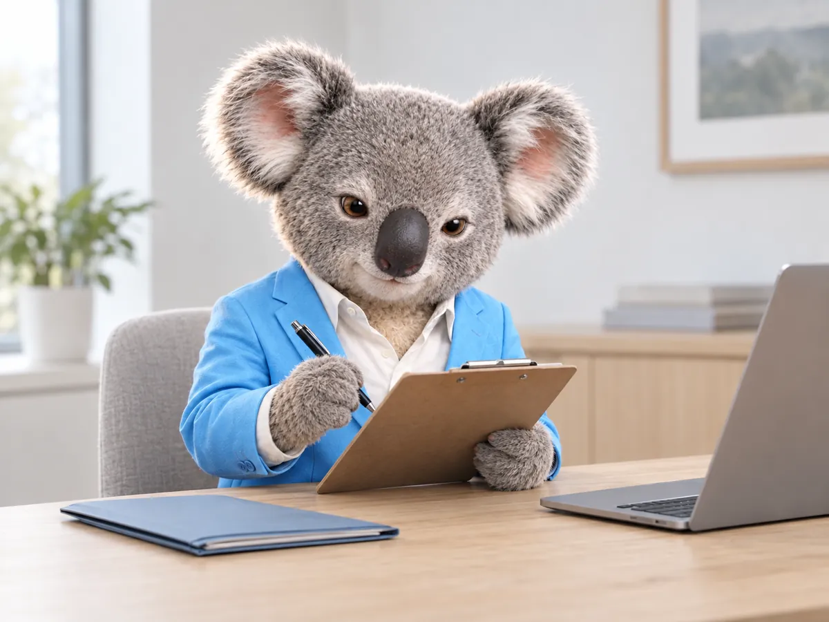 Fin the koala at his desk, making notes on a clipboard