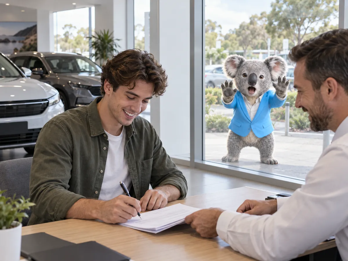 A young man signing dealer finance paperwork while Fin the koala waves "wait" through the showroom window