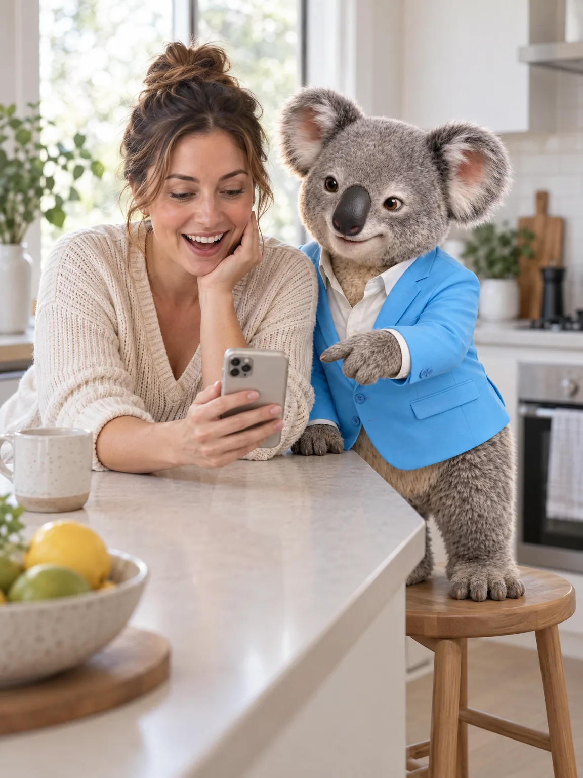 A woman pleased at a number on her phone, with Fin the koala pointing at the screen