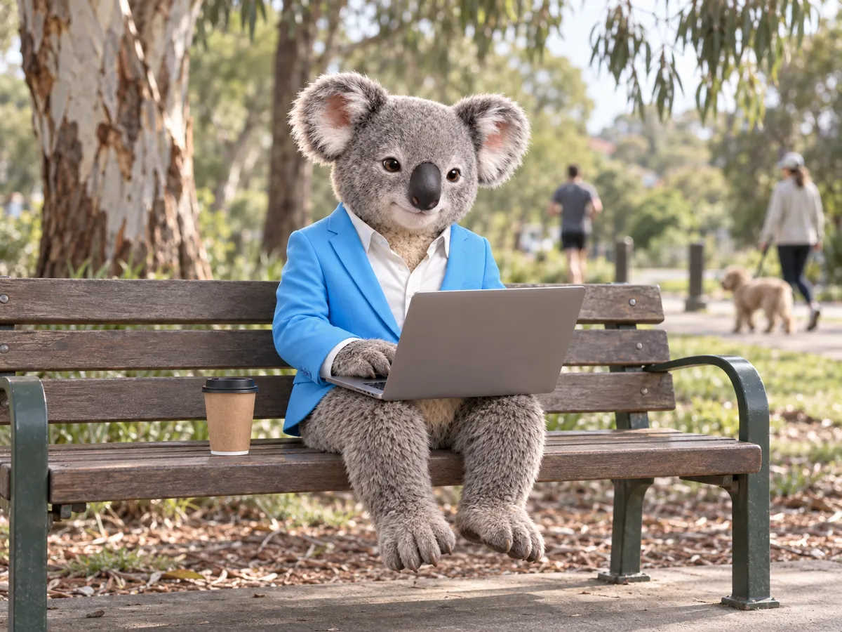 Fin the koala working on a laptop on a park bench