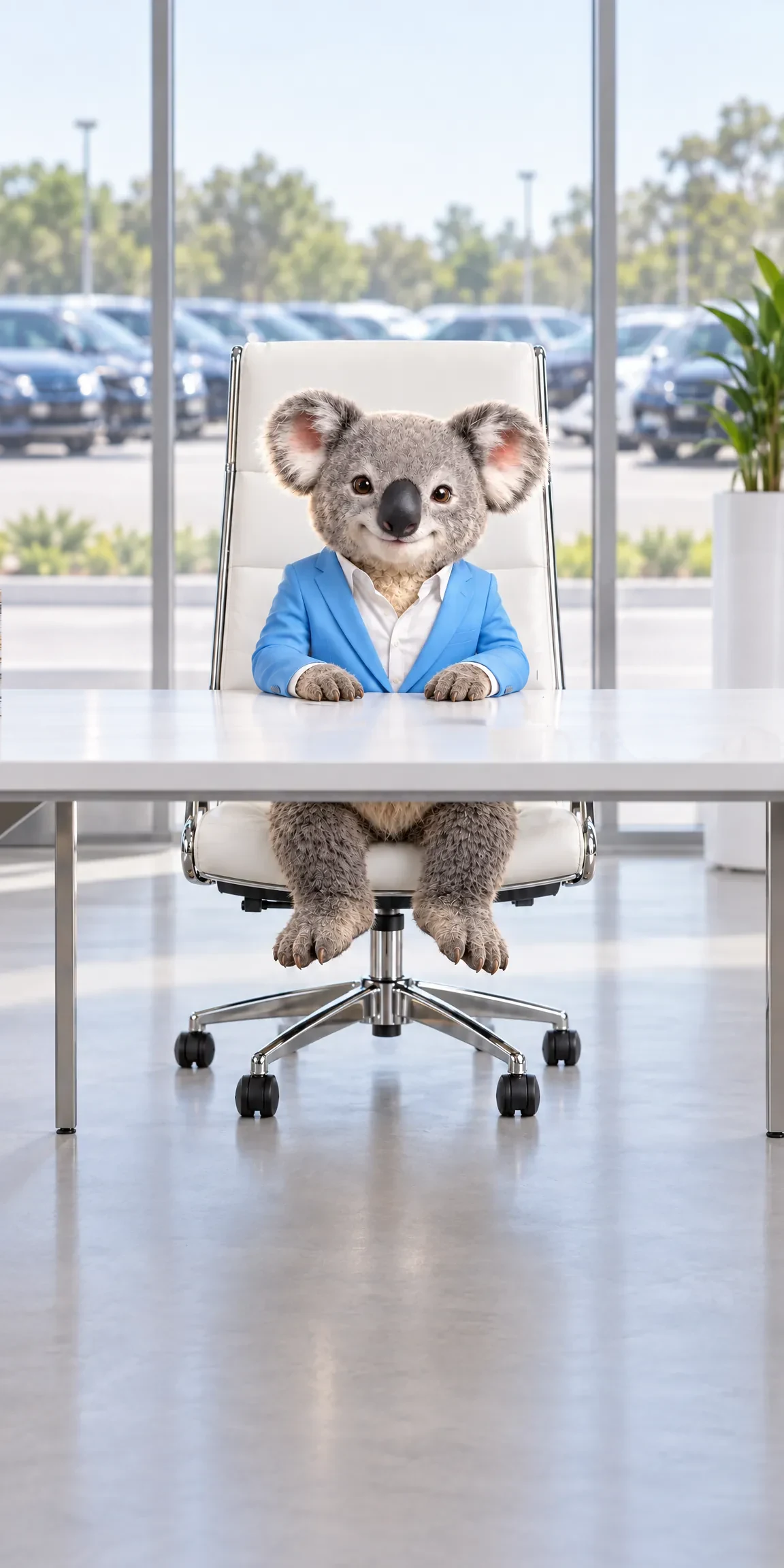 Fin the koala at his desk in a glass office, with a car yard outside the window