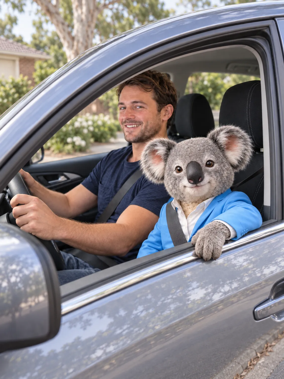 The customer driving off in his new car, with Fin the koala in the passenger seat