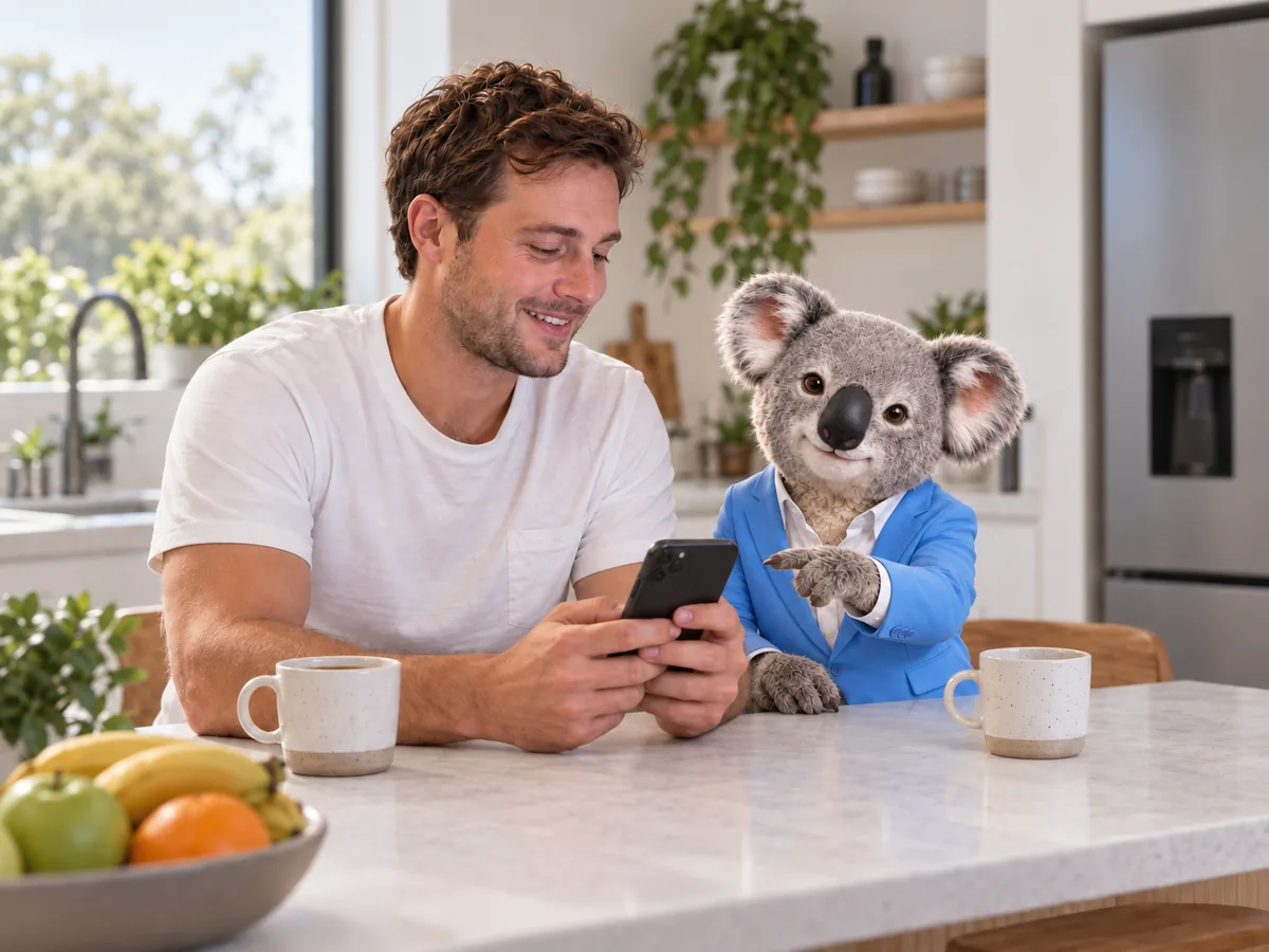 Fin the koala at a kitchen bench, pointing at the loan options on a man's phone