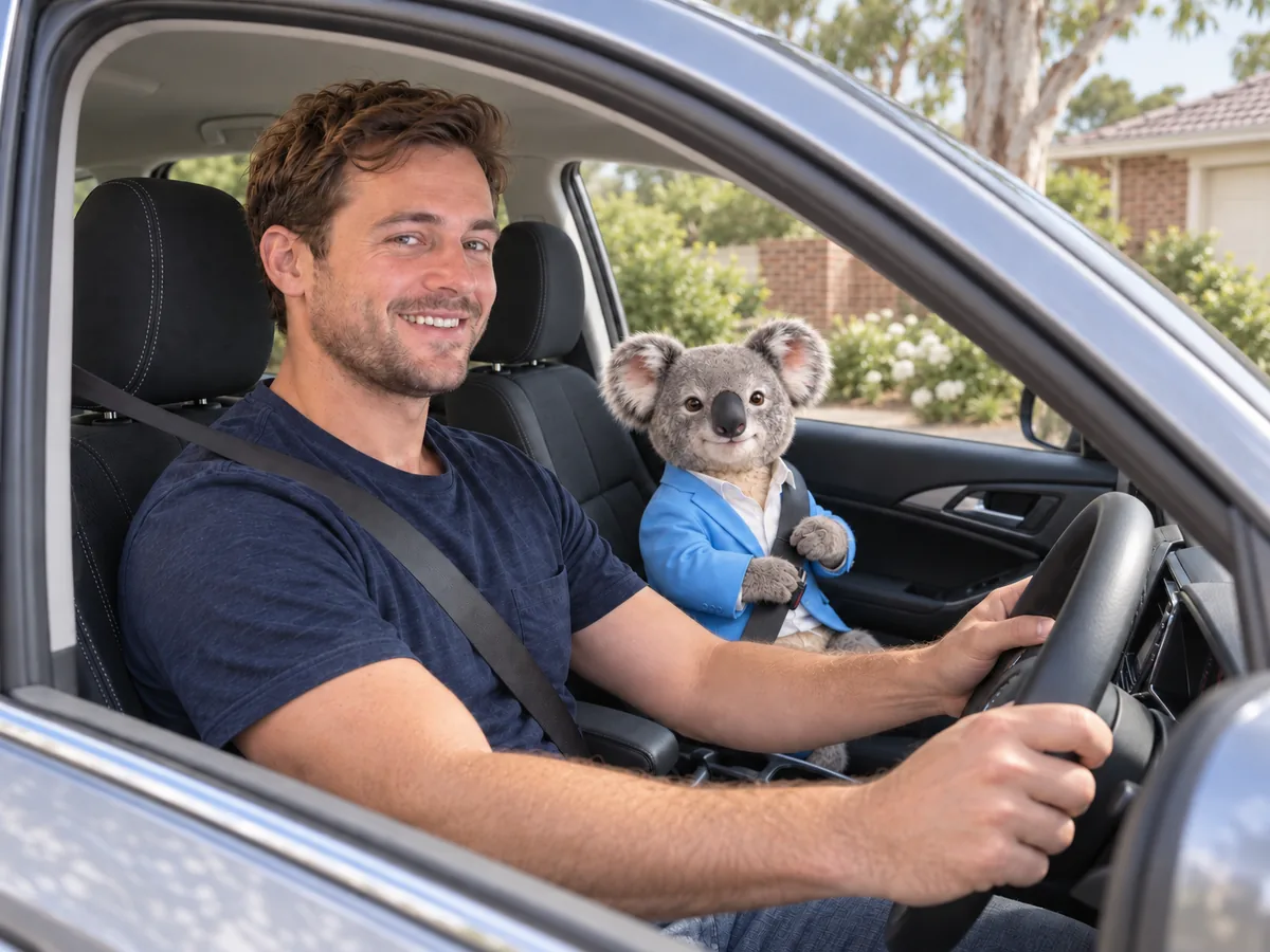 A man in the driver's seat of his new car, with Fin the koala buckling up beside him
